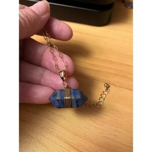 Blue Sodalite Crystal Point Wire Wrapped Necklace Gold Tone Paperclip Chain 18"